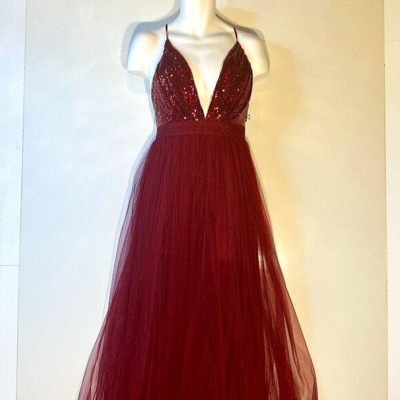 Luxxel SZ L Wine Tulle Sequin Bust Formal Gown Prom Black Tie Bridesmaid Sexy - Picture 4 of 14